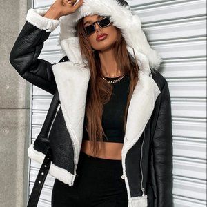 Faux Leather Teddy Lined Zipper Up Hooded PU Moto Biker Jacket - NEW, NEVER WORN
